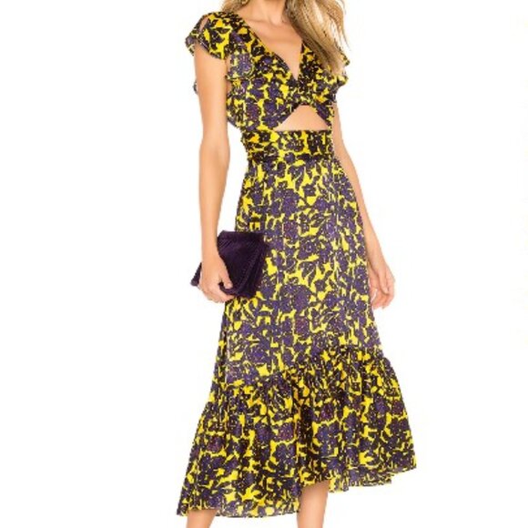 A.L.C. Women's 4 Floral Cutout Midi Dress Yellow Purple Ruffle Hem Elegant Party - Picture 1 of 7
